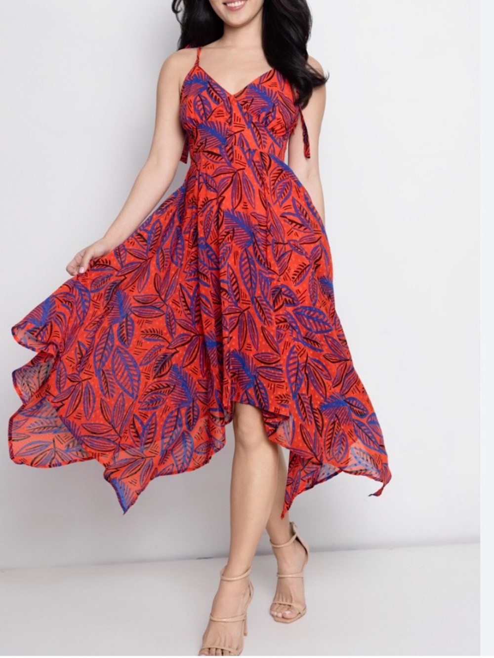 Alexis for Target Orange Blue Botanical Leaf Ruffle Asymmetrical Maxi Dress S